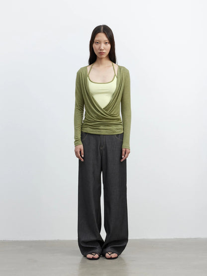 Fine Merino Wool Layered Neckline Long Sleeve Blouse