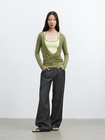 AFTADAWN Fine Merino Wool Layered Neckline Long Sleeve Blouse