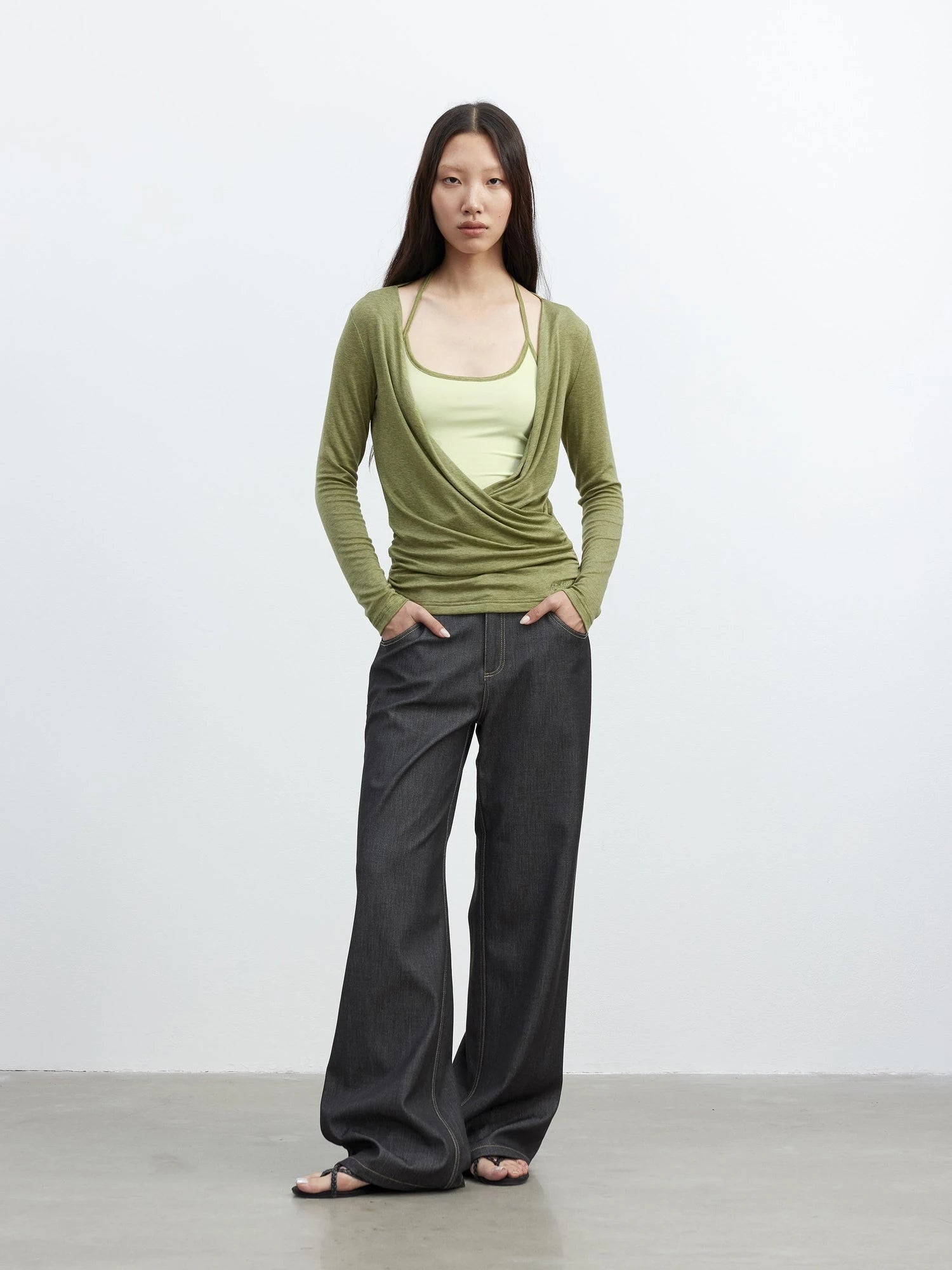 Fine Merino Wool Layered Neckline Long Sleeve Blouse