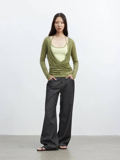 Fine Merino Wool Layered Neckline Long Sleeve Blouse