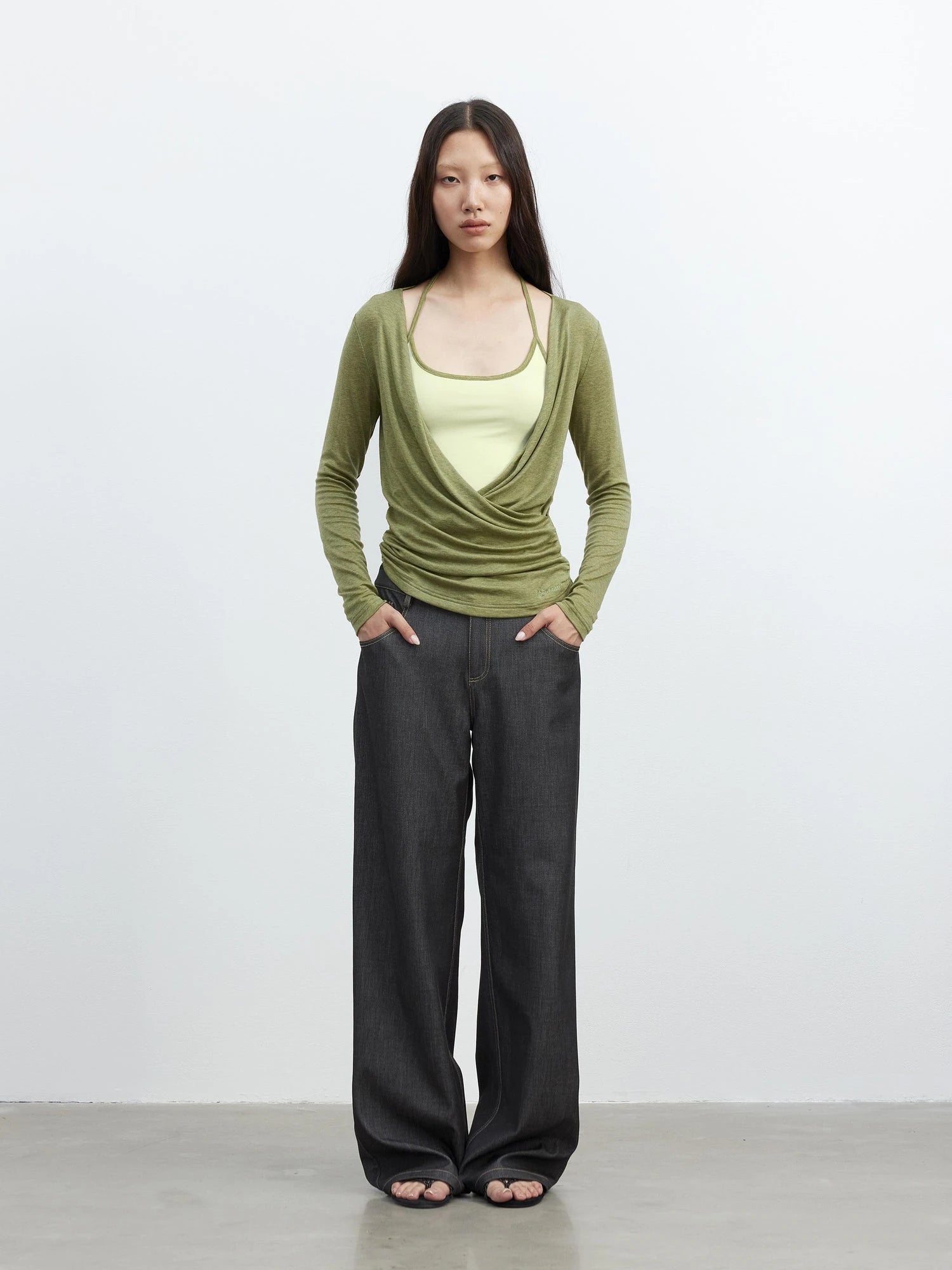 Fine Merino Wool Layered Neckline Long Sleeve Blouse