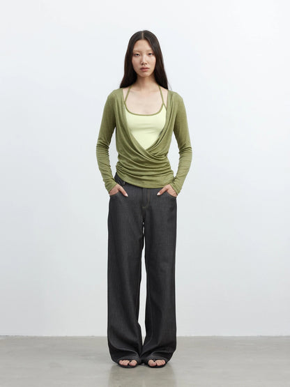 Fine Merino Wool Layered Neckline Long Sleeve Blouse