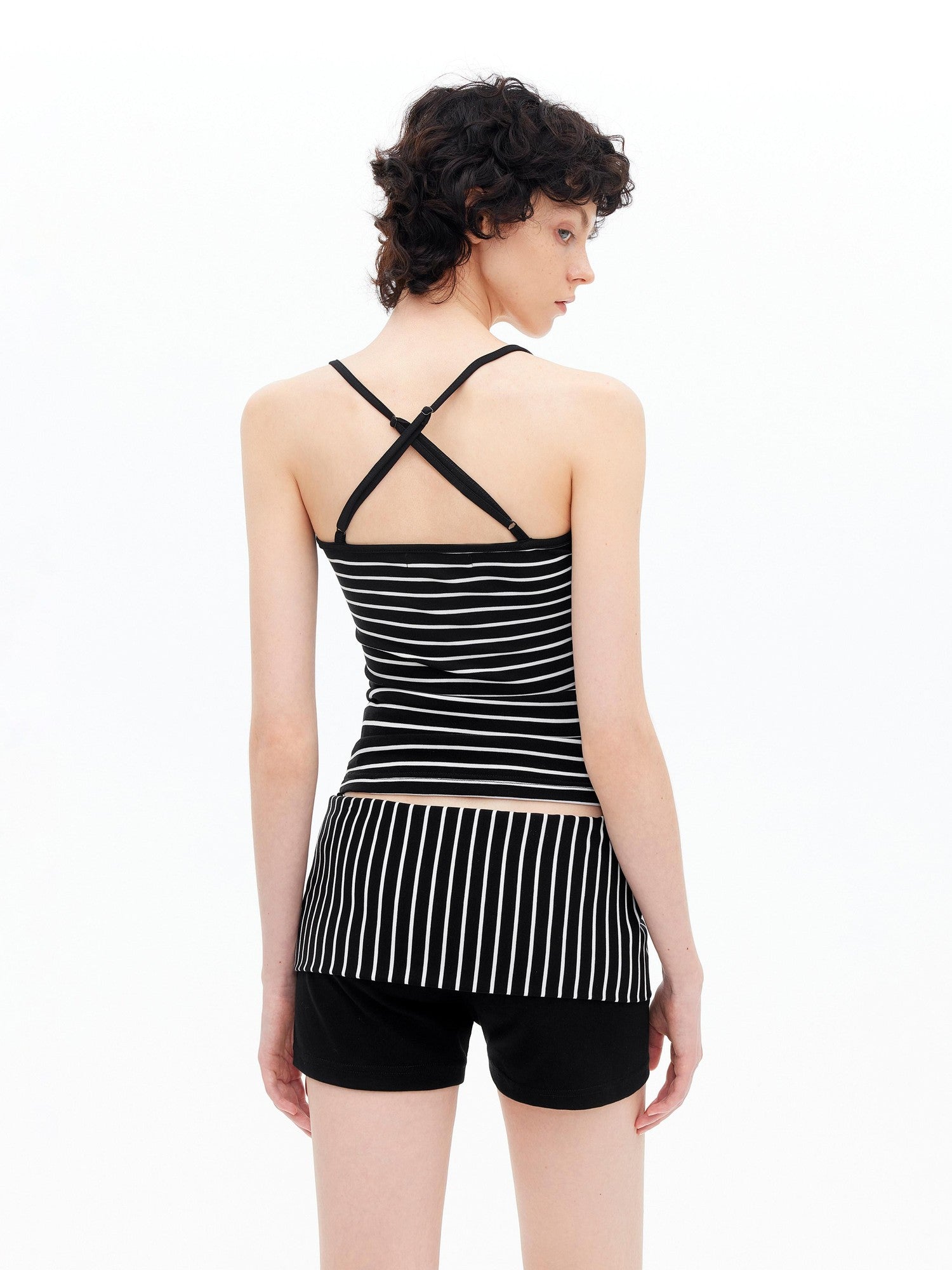 AFTADAWN Fine Striped Cross Back Cami Contrast Cuff Women&
