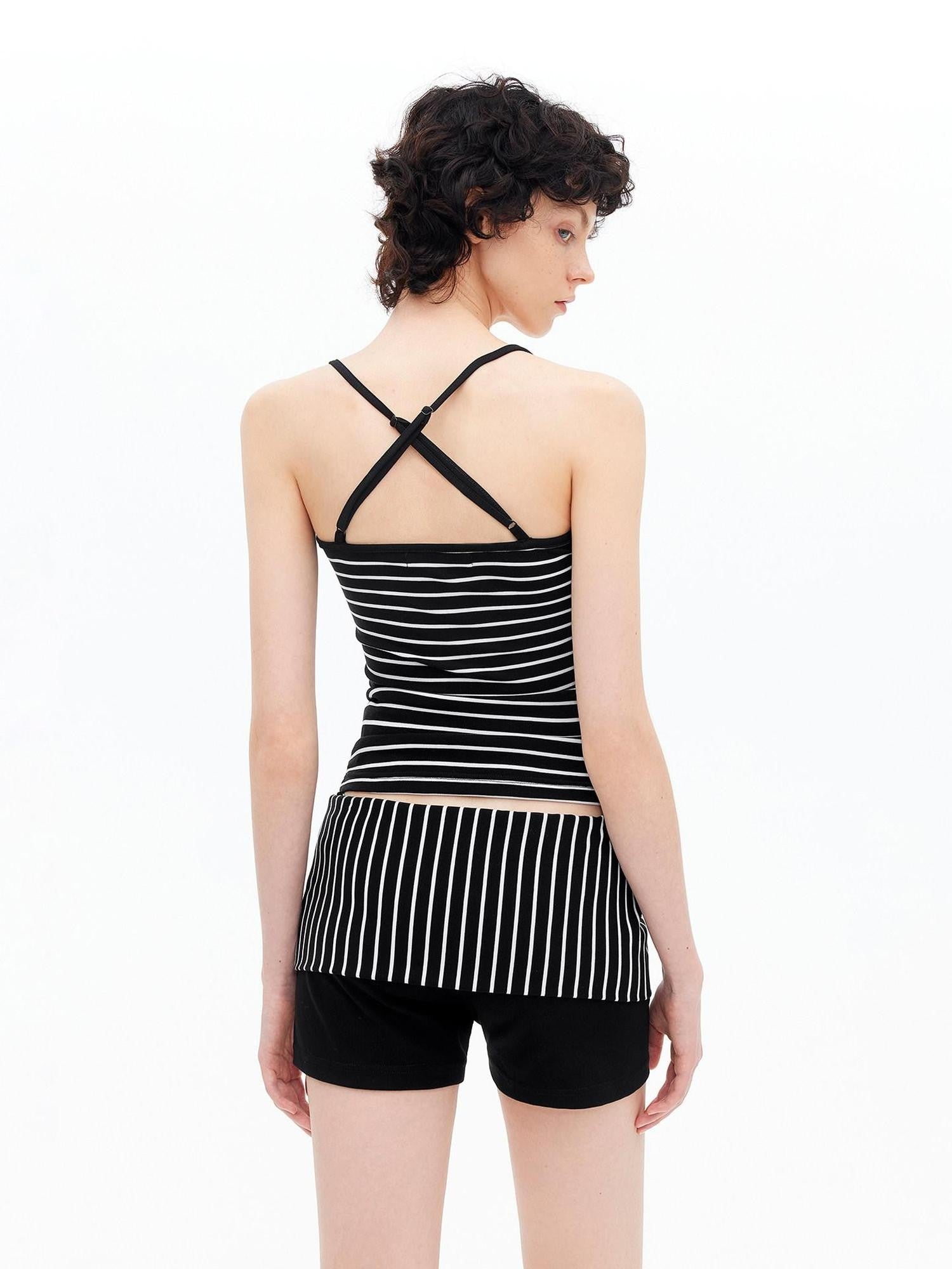AFTADAWN Fine Striped Cross Back Cami Contrast Cuff Women&