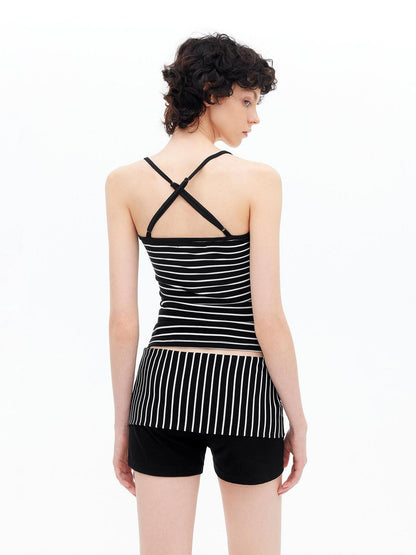 AFTADAWN Fine Striped Cross Back Cami Contrast Cuff Women&