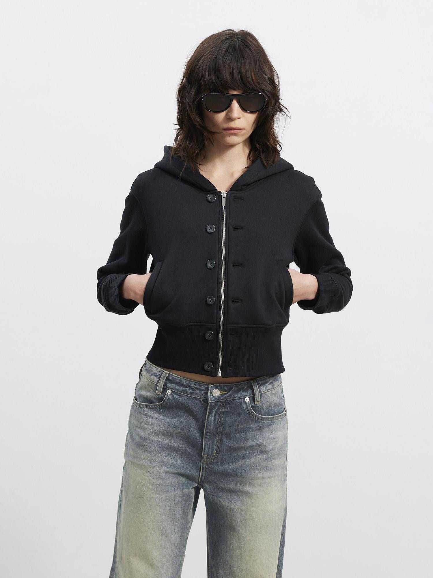 AFTADAWN Fleece Lined Double Face Hooded Placket Short Women&