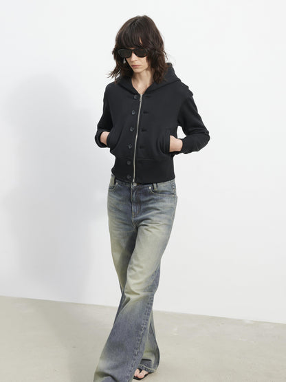 AFTADAWN Fleece Lined Double Face Hooded Placket Short Women&