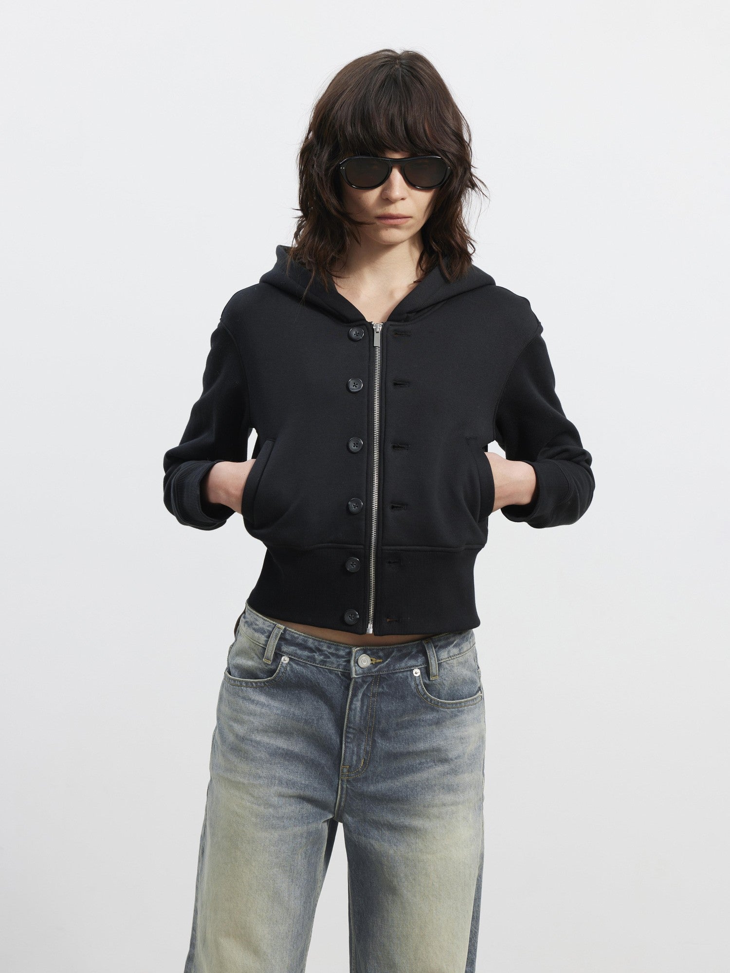AFTADAWN Fleece Lined Double Face Hooded Placket Short Women&