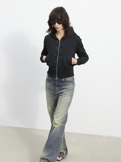AFTADAWN Fleece Lined Double Face Hooded Placket Short Women&