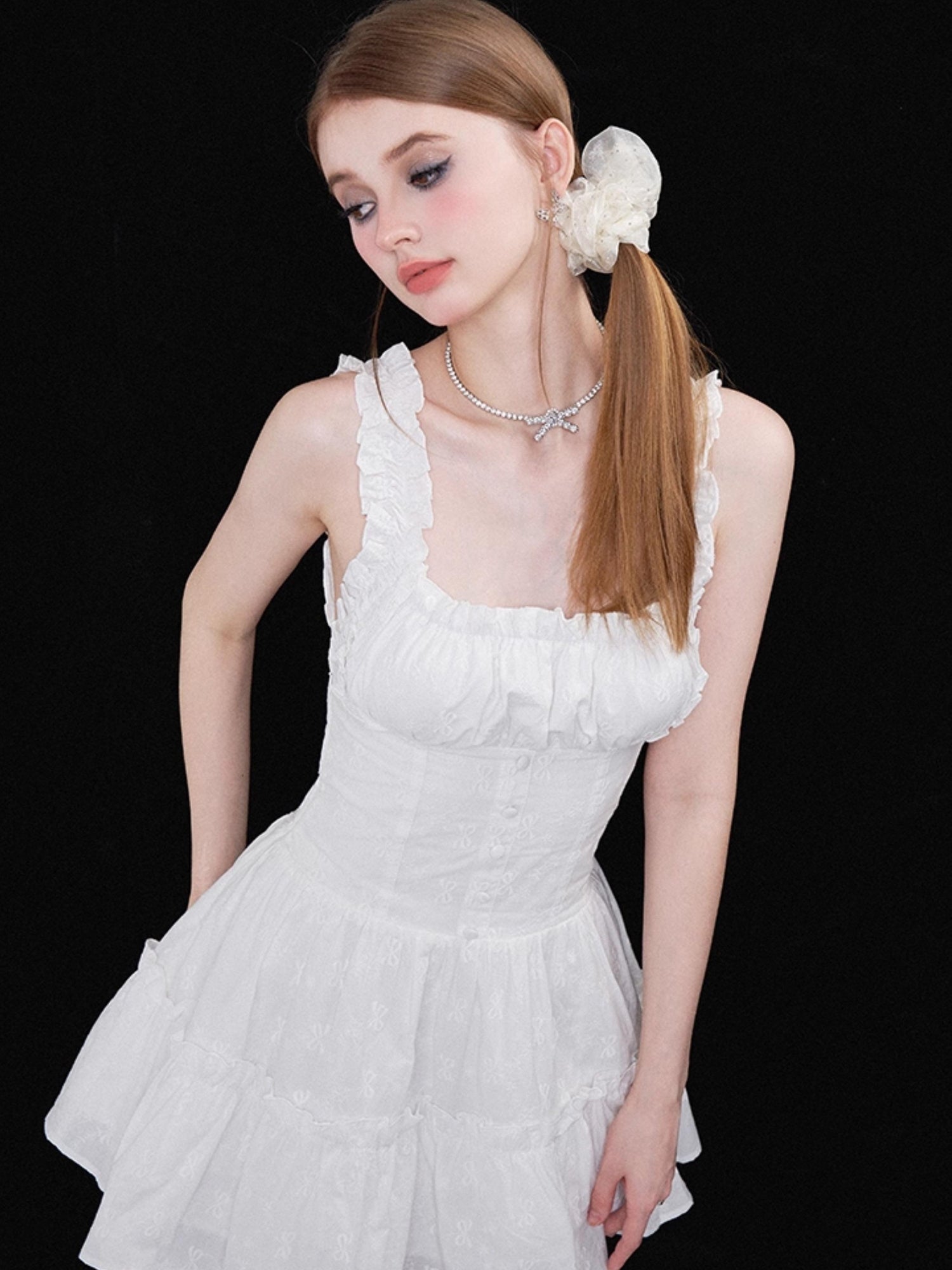 AFTADAWN Floral Embroidered Bow Waist Defining Sundress