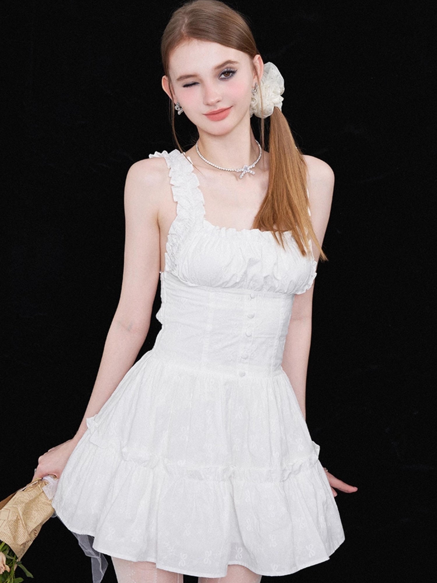 AFTADAWN Floral Embroidered Bow Waist Defining Sundress