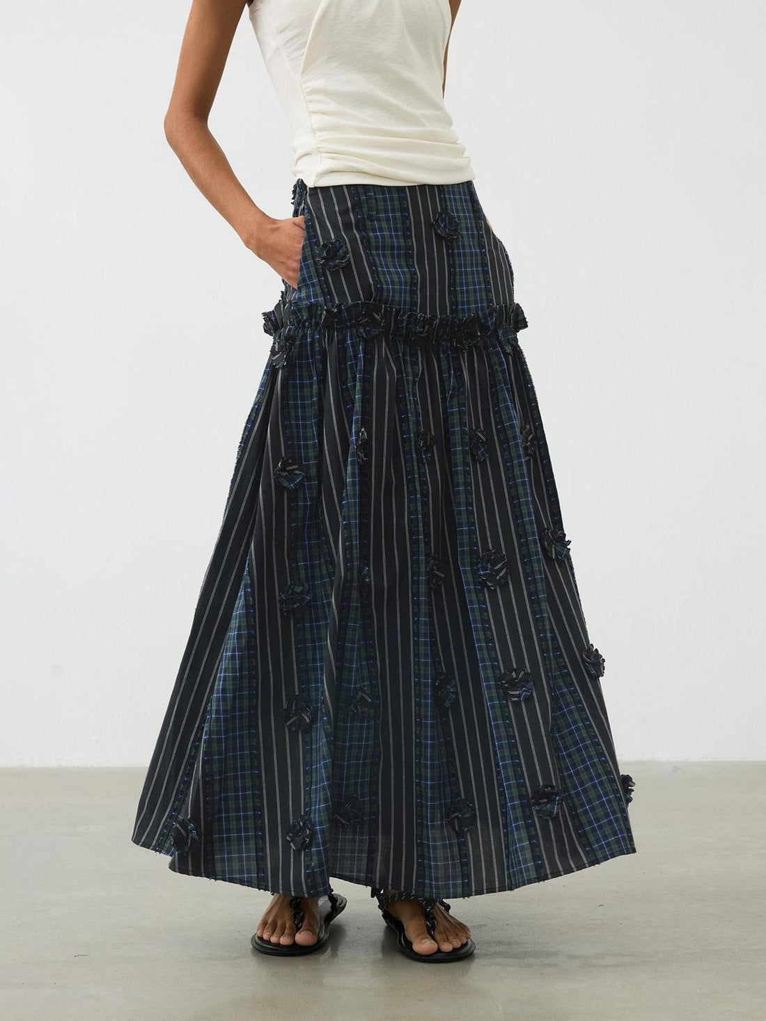 AFTADAWN Floral Grid Cotton Maxi Skirt With Color Block