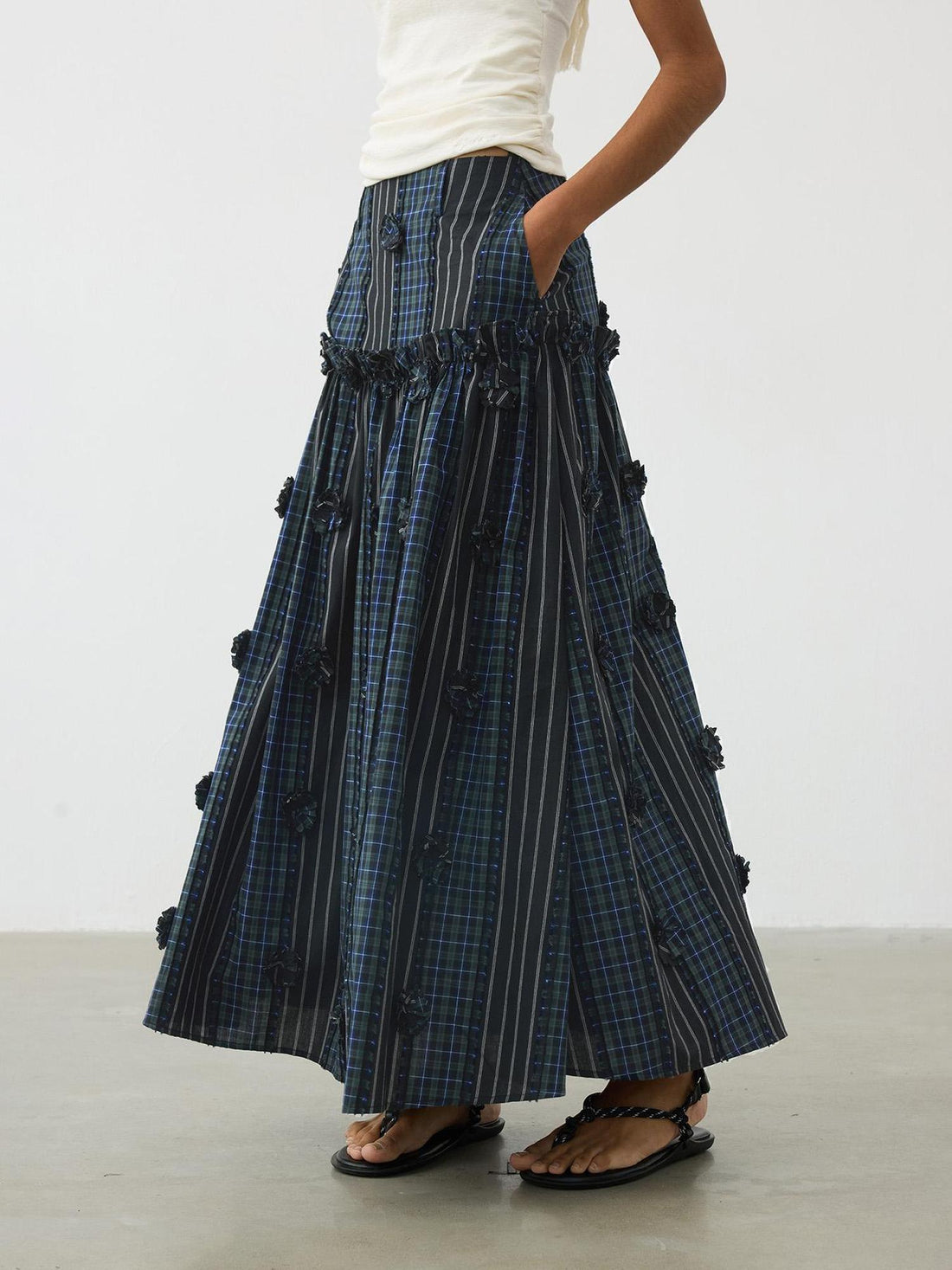 AFTADAWN Floral Grid Cotton Maxi Skirt With Color Block