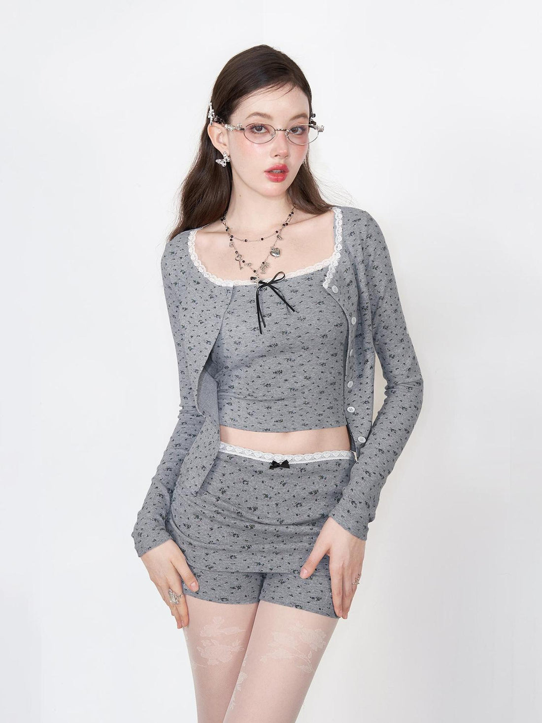 AFTADAWN Floral Lace Bow Sleeveless Top &amp; Knit Cardigan &amp; Pleated Shorts Set