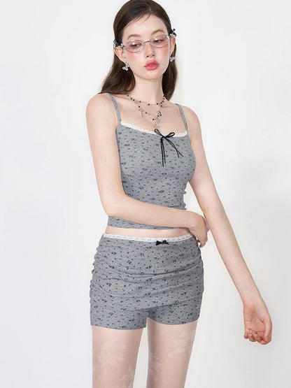 Floral Lace Bow Sleeveless Top &amp; Knit Cardigan &amp; Pleated Shorts Set