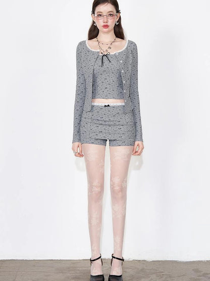 Floral Lace Bow Sleeveless Top &amp; Knit Cardigan &amp; Pleated Shorts Set