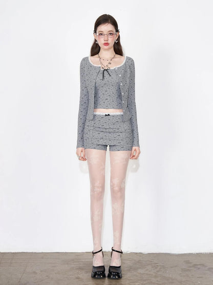 Floral Lace Bow Sleeveless Top &amp; Knit Cardigan &amp; Pleated Shorts Set