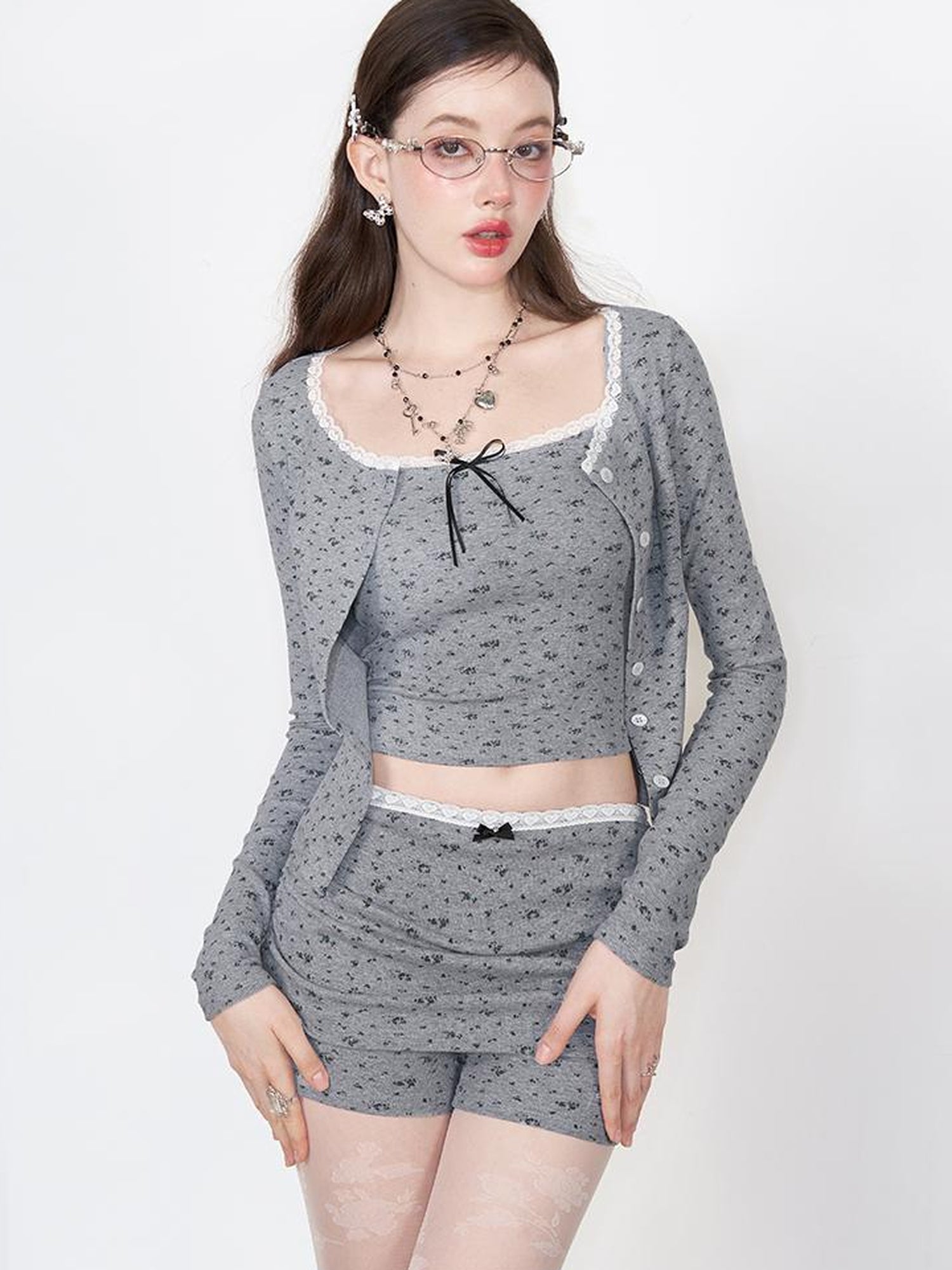 AFTADAWN Floral Lace Bow Sleeveless Top &amp; Knit Cardigan &amp; Pleated Shorts Set