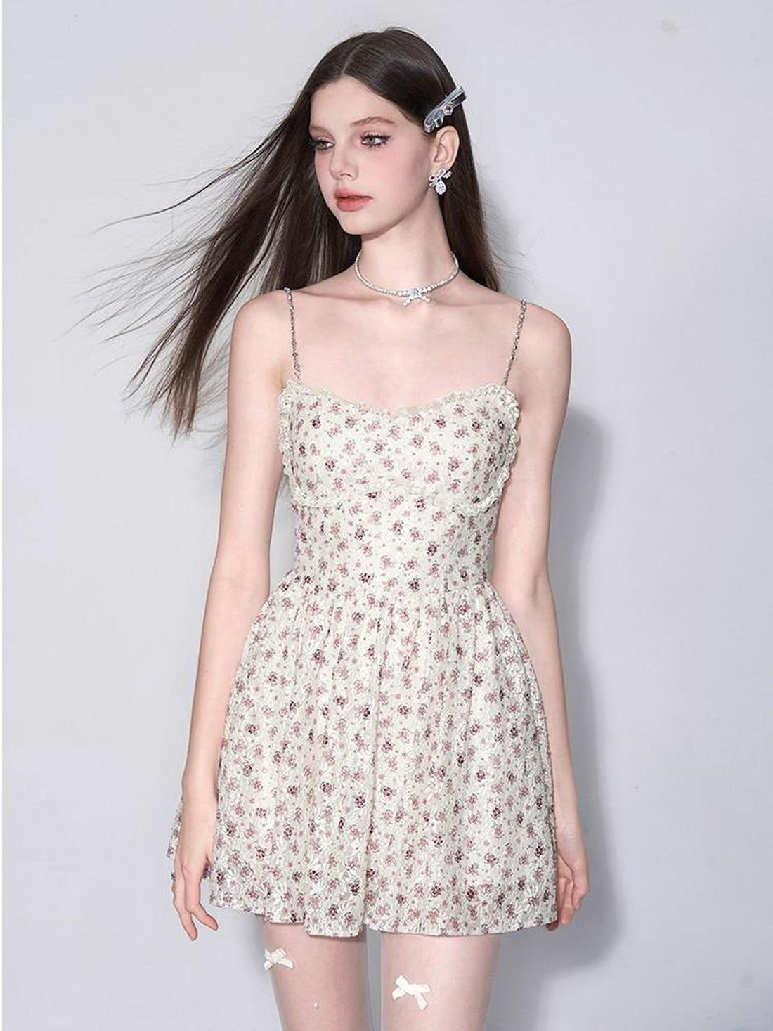 AFTADAWN Floral Lace Embroidered Bustier Slip V-Neck Dress