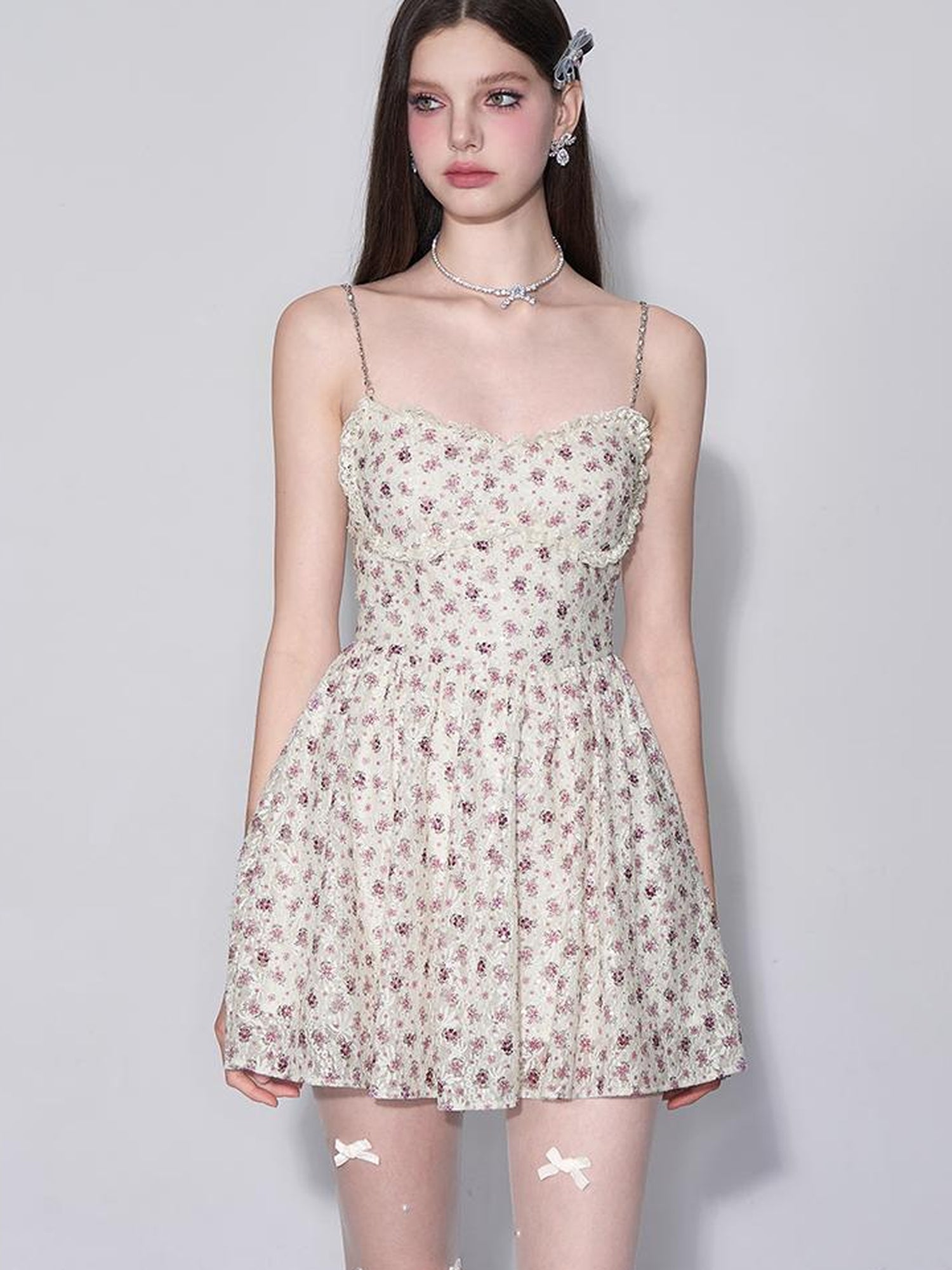 AFTADAWN Floral Lace Embroidered Bustier Slip V-Neck Dress