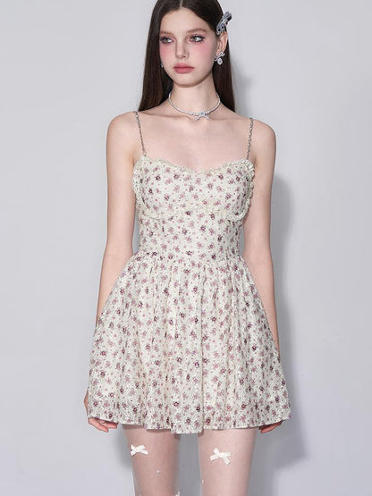 AFTADAWN Floral Lace Embroidered Bustier Slip V-Neck Dress