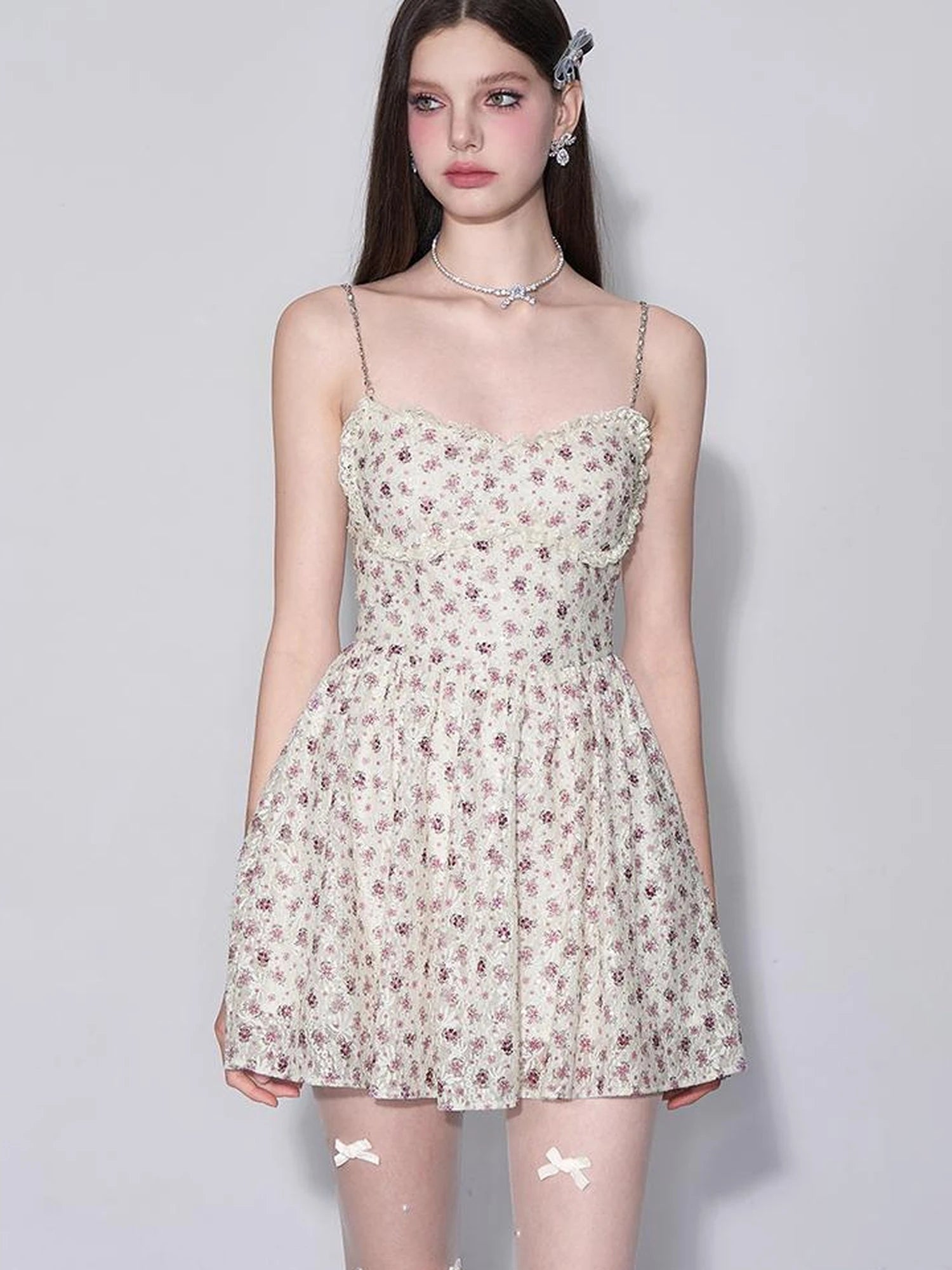 Floral Lace Embroidered Bustier Slip V-Neck Dress
