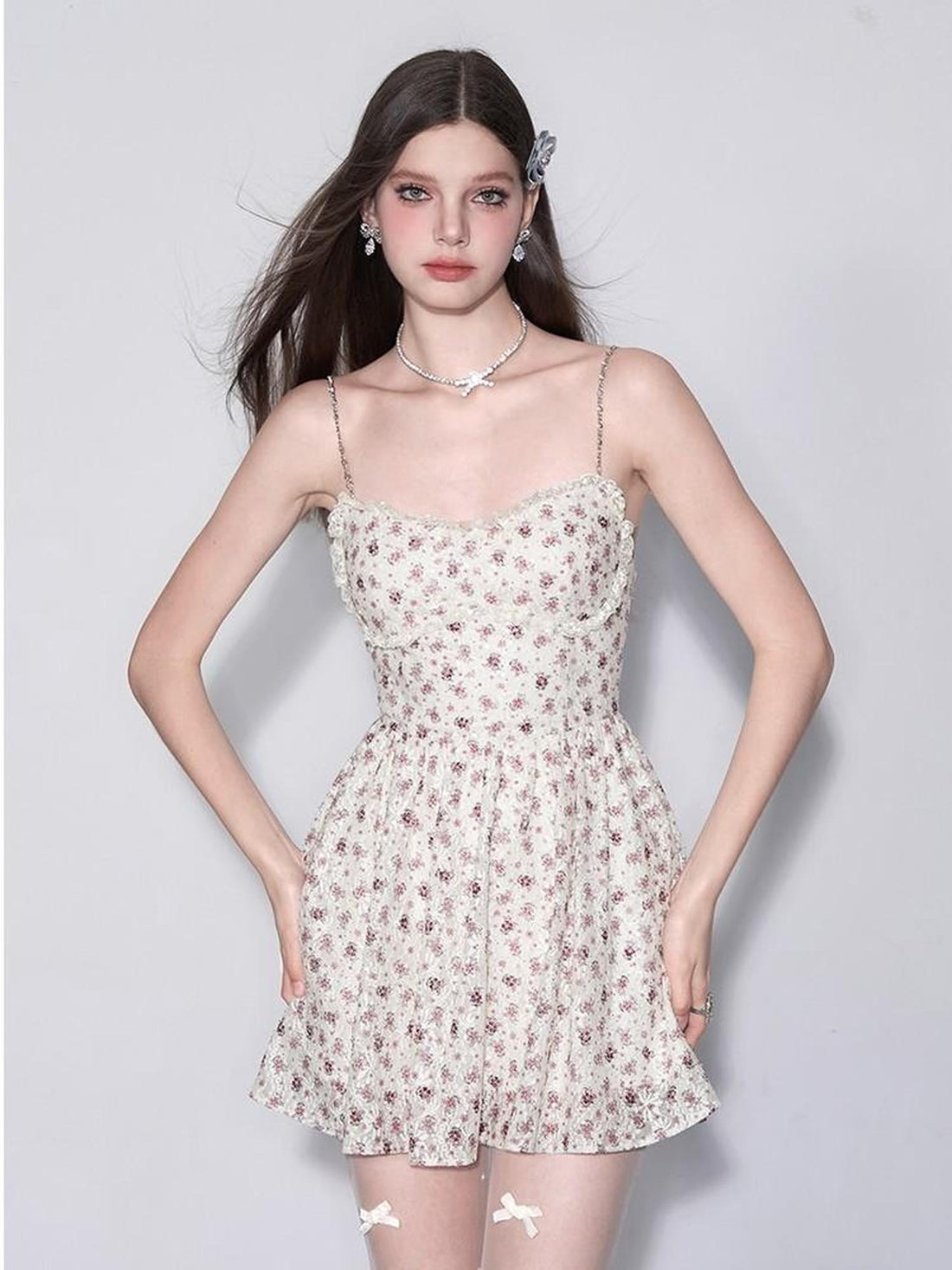 AFTADAWN Floral Lace Embroidered Bustier Slip V-Neck Dress