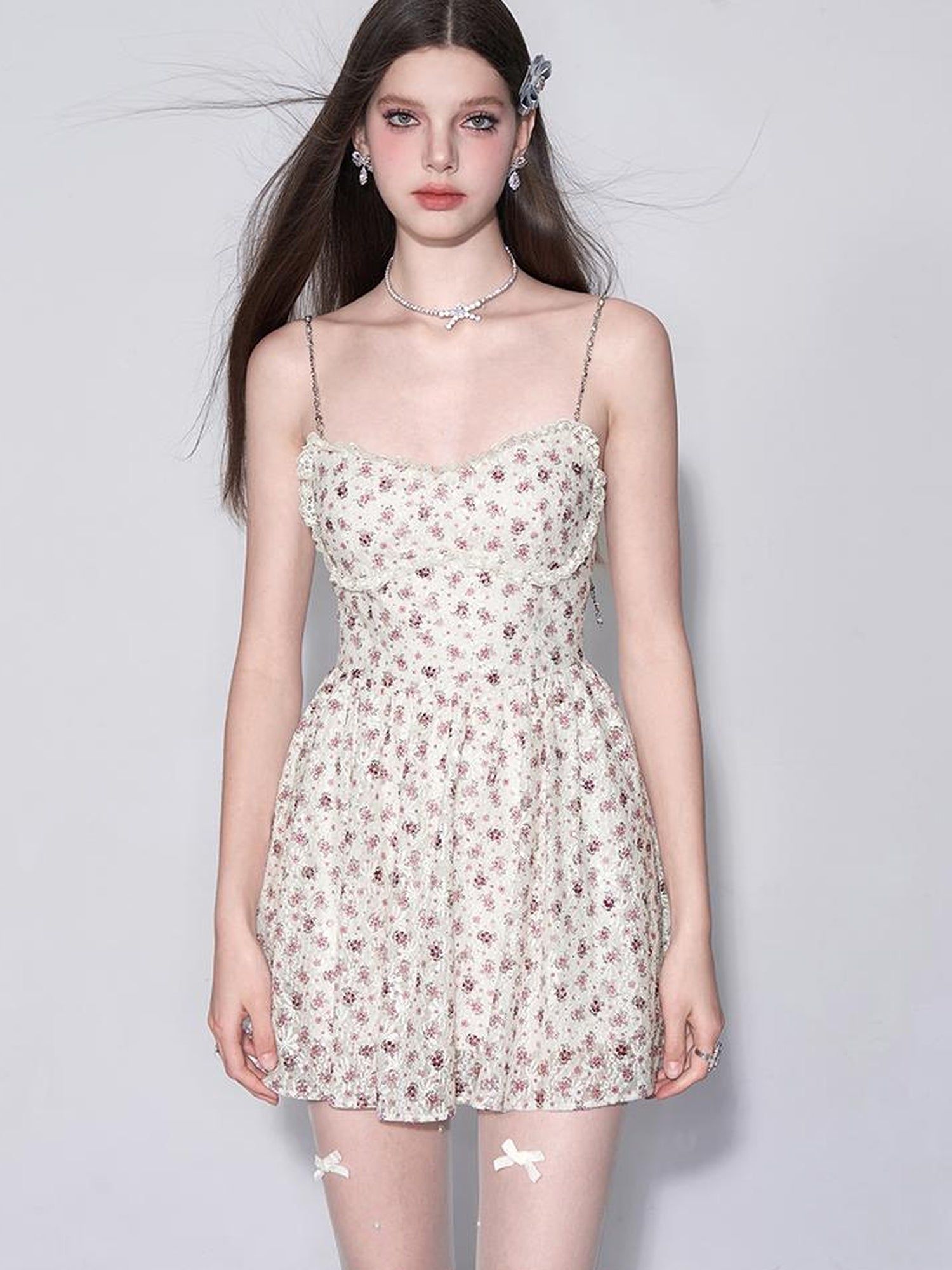 AFTADAWN Floral Lace Embroidered Bustier Slip V-Neck Dress