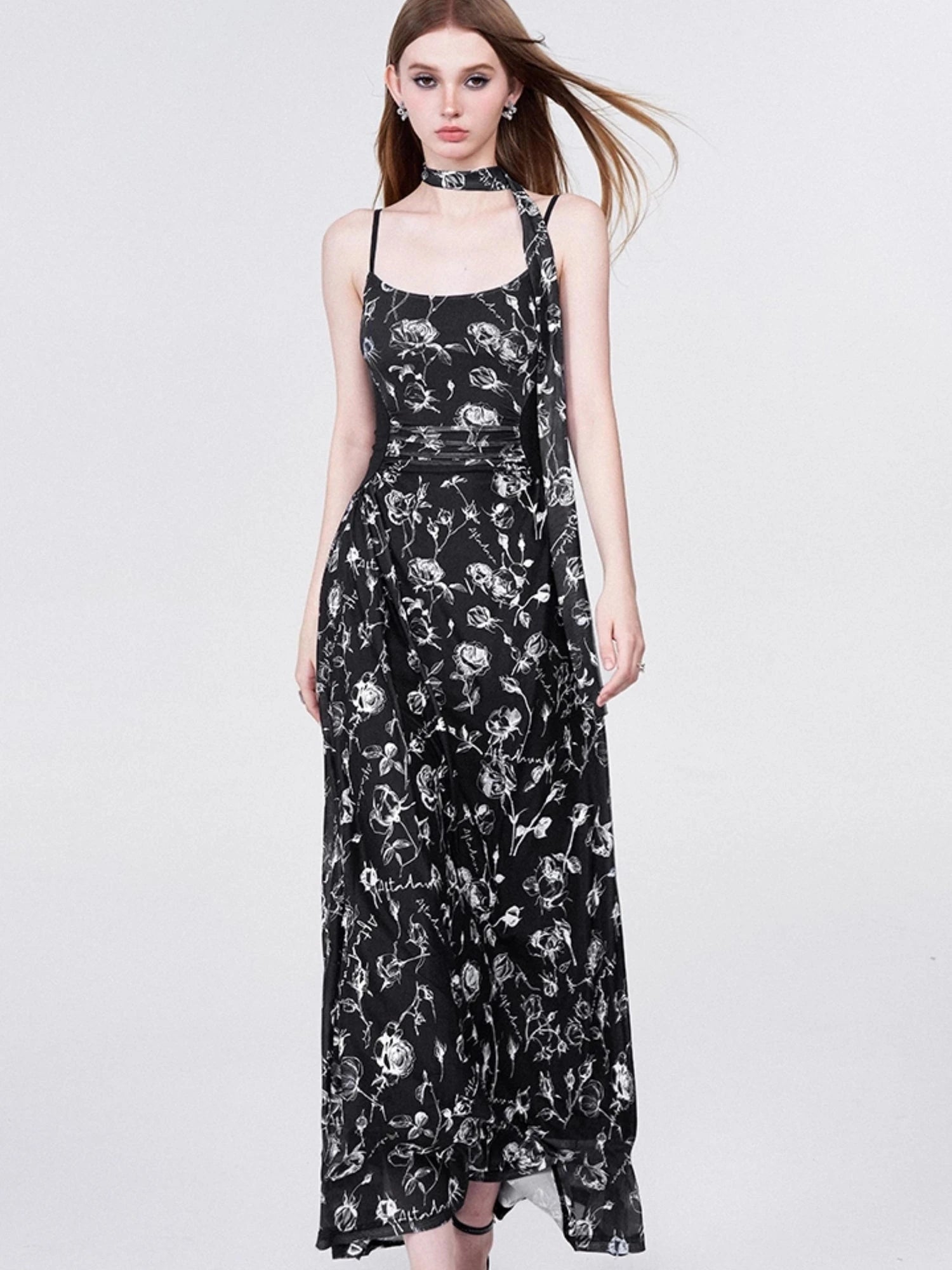 Floral Lace Ruffle Waist Maxi Dress