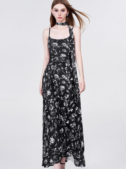 Floral Lace Ruffle Waist Maxi Dress