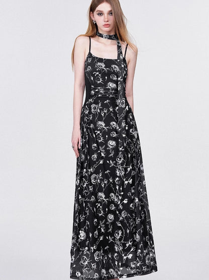 Floral Lace Ruffle Waist Maxi Dress