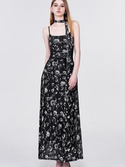 Floral Lace Ruffle Waist Maxi Dress