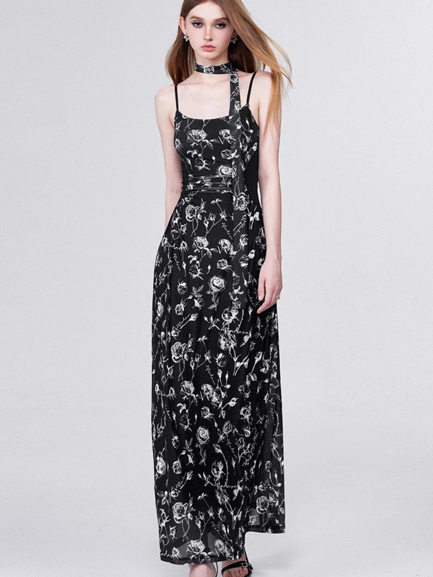 Floral Lace Ruffle Waist Maxi Dress