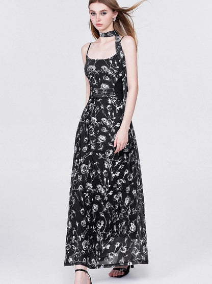 Floral Lace Ruffle Waist Maxi Dress