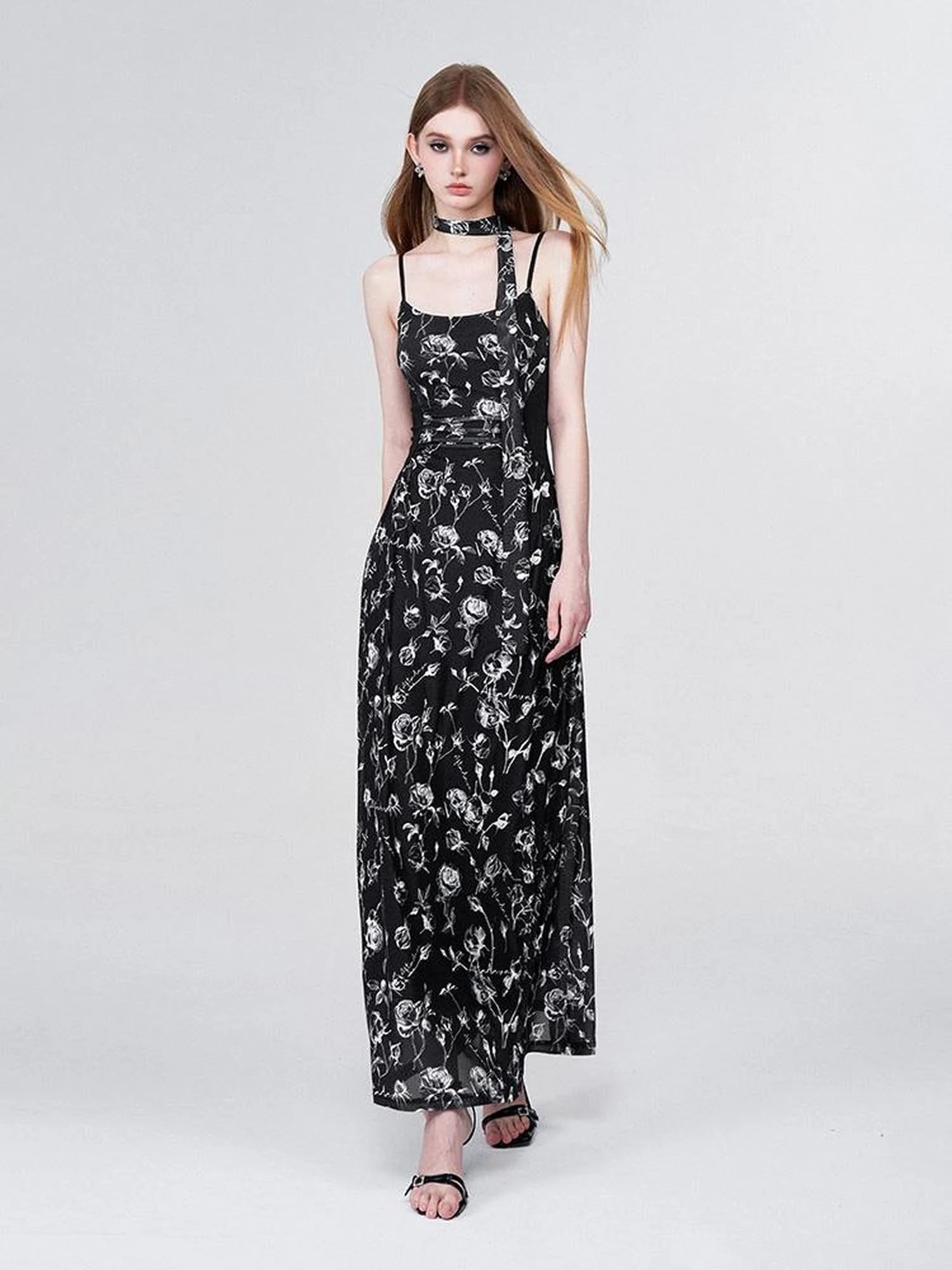 Floral Lace Ruffle Waist Maxi Dress