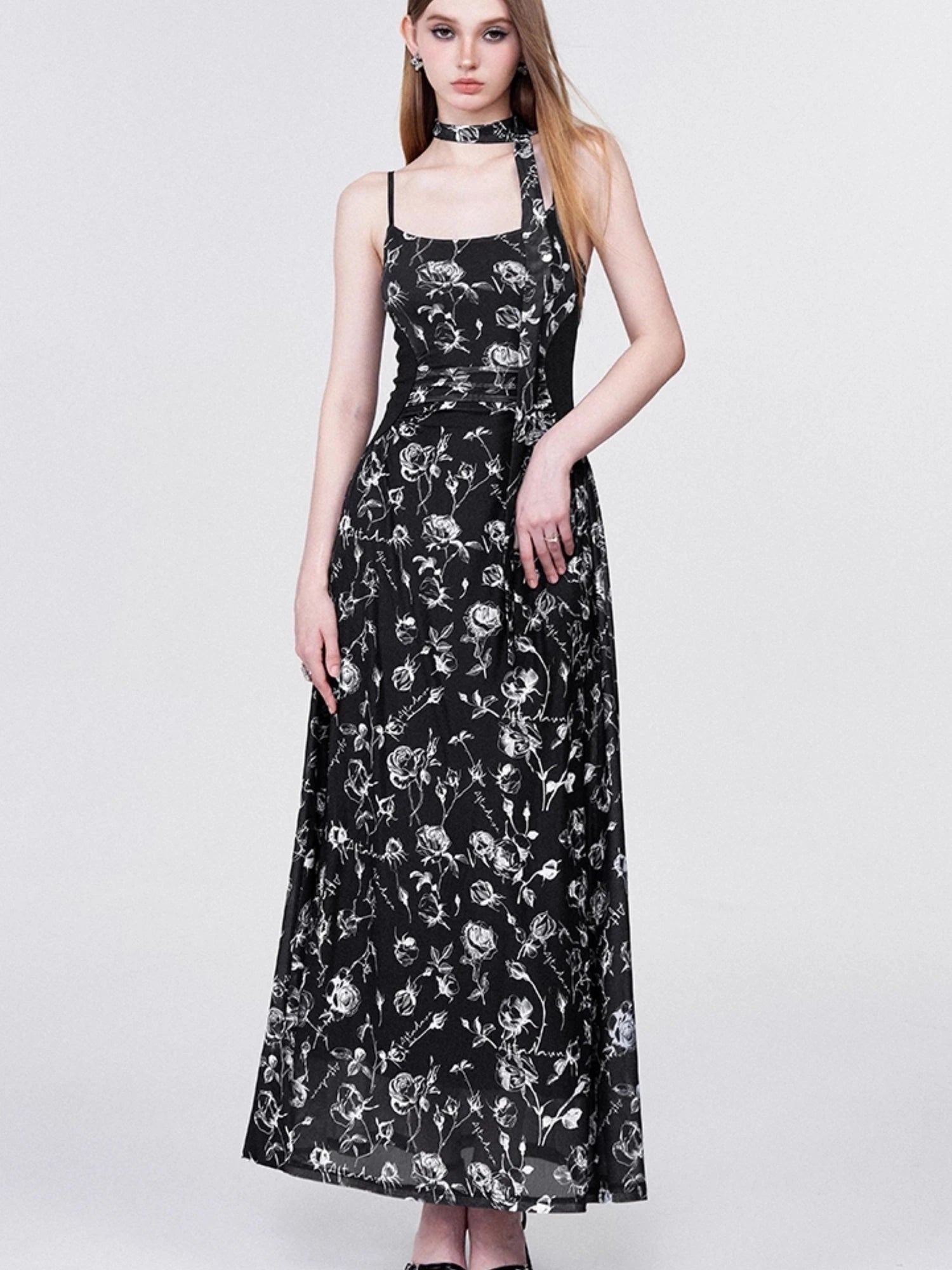Floral Lace Ruffle Waist Maxi Dress