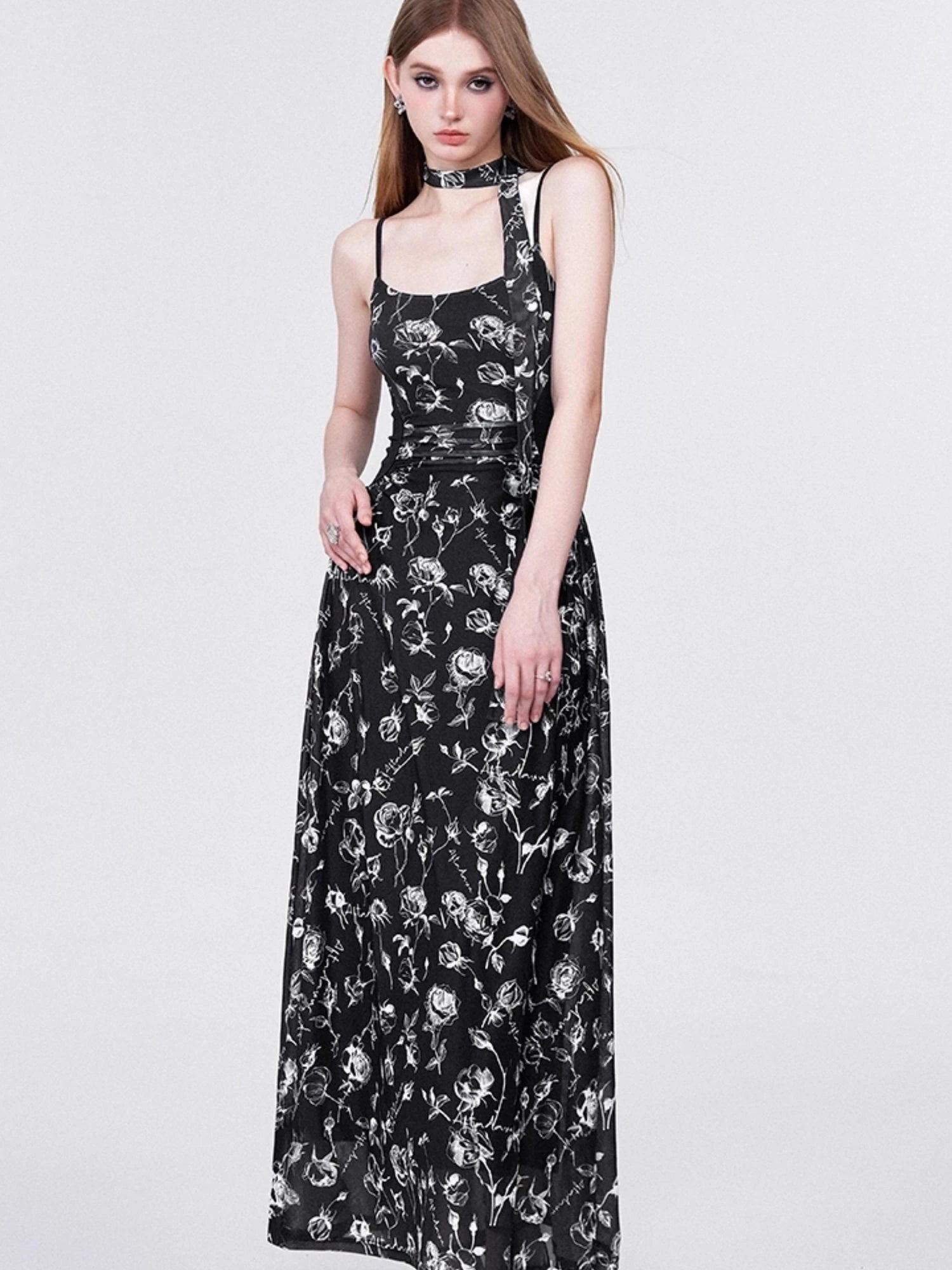 Floral Lace Ruffle Waist Maxi Dress