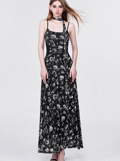 Floral Lace Ruffle Waist Maxi Dress