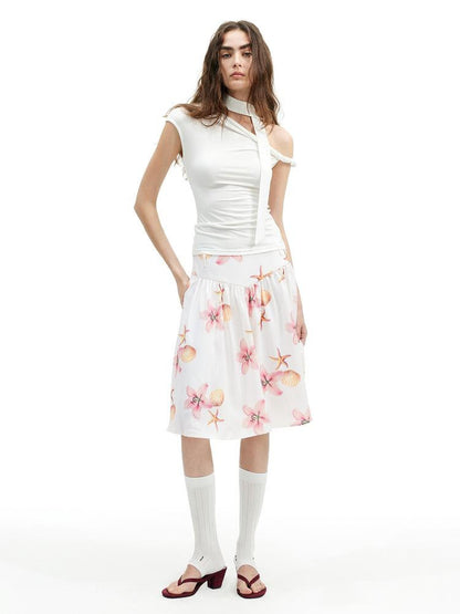 AFTADAWN Floral Print A Line Midi Skirt With Pleats