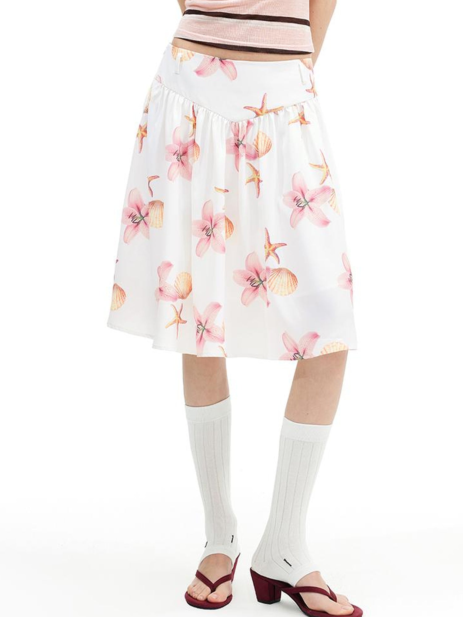AFTADAWN Floral Print A Line Midi Skirt With Pleats