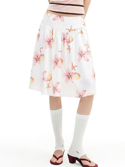 AFTADAWN Floral Print A Line Midi Skirt With Pleats