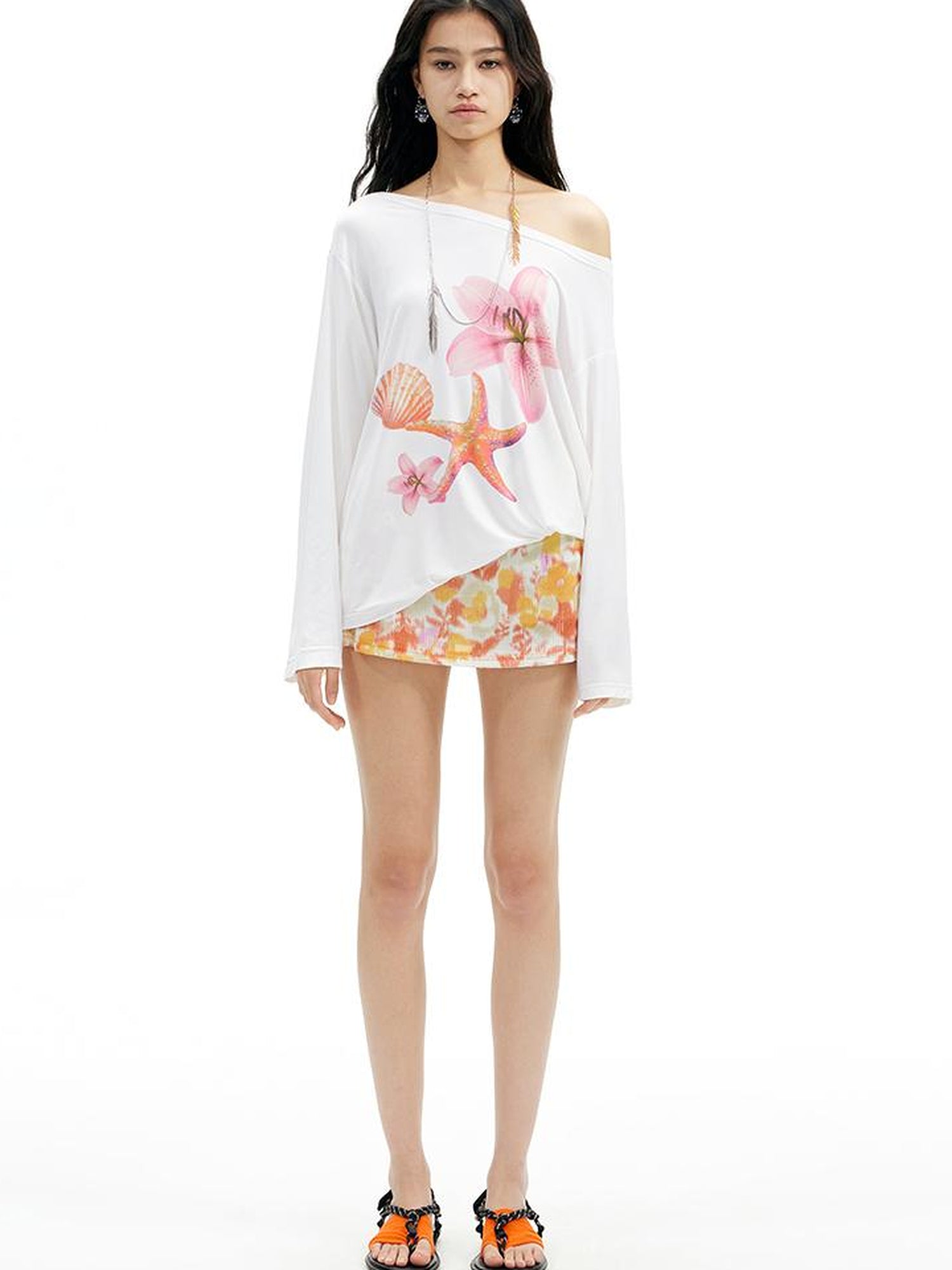 AFTADAWN Floral Print Lenzing Modal Multi Way Off Shoulder Loose Blouse
