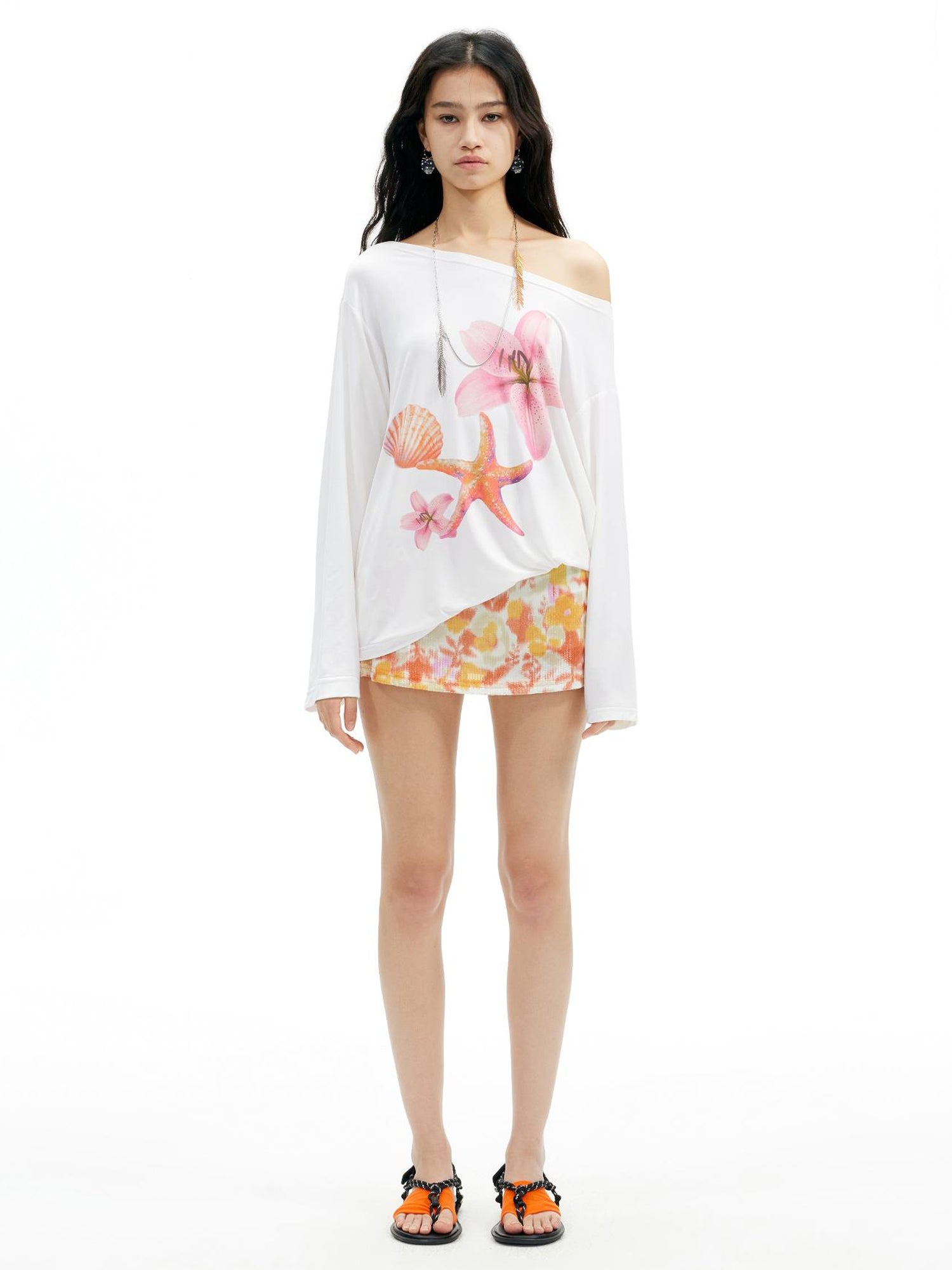 AFTADAWN Floral Print Lenzing Modal Multi Way Off Shoulder Loose Blouse