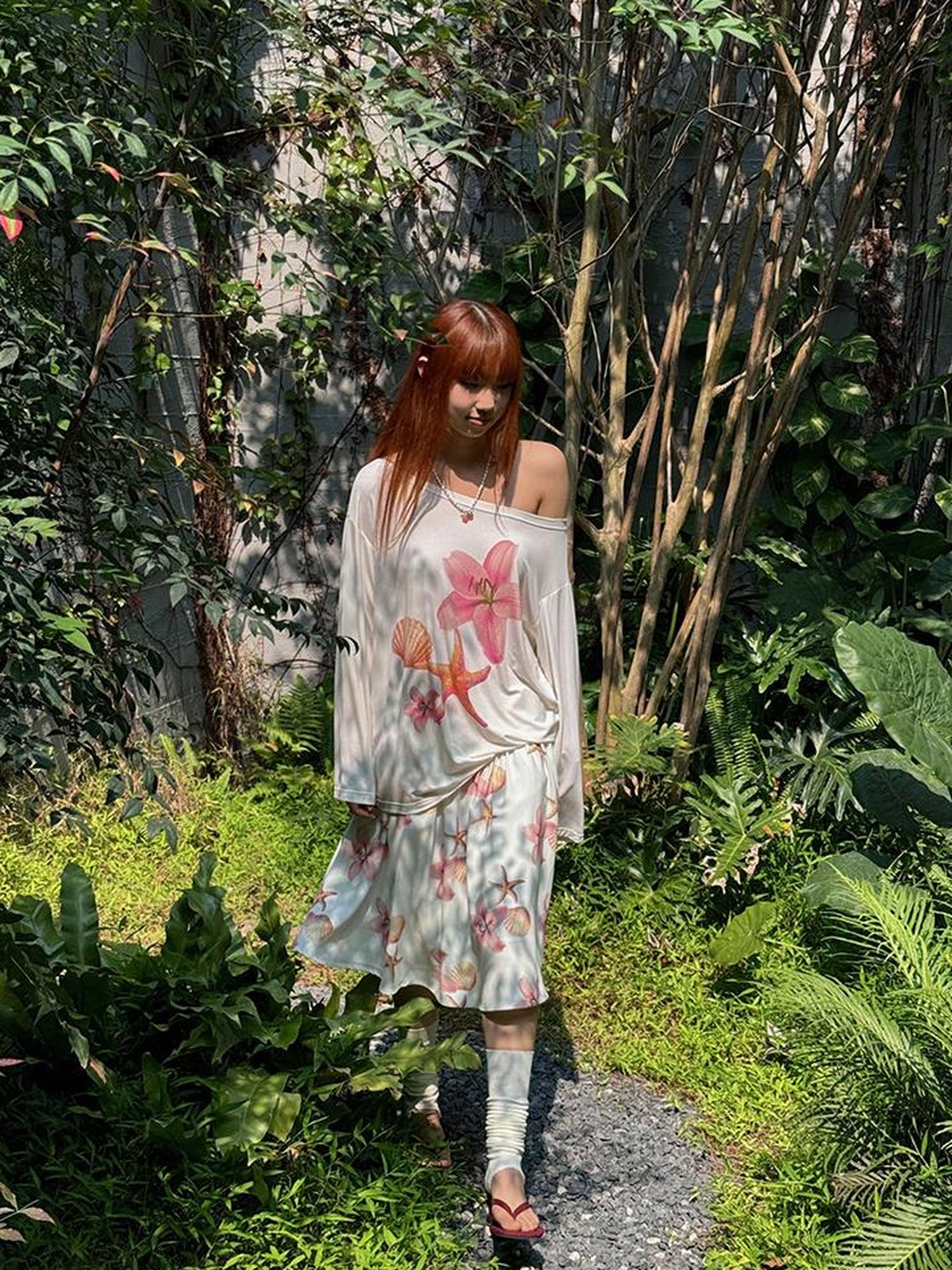 AFTADAWN Floral Print Lenzing Modal Multi Way Off Shoulder Loose Blouse