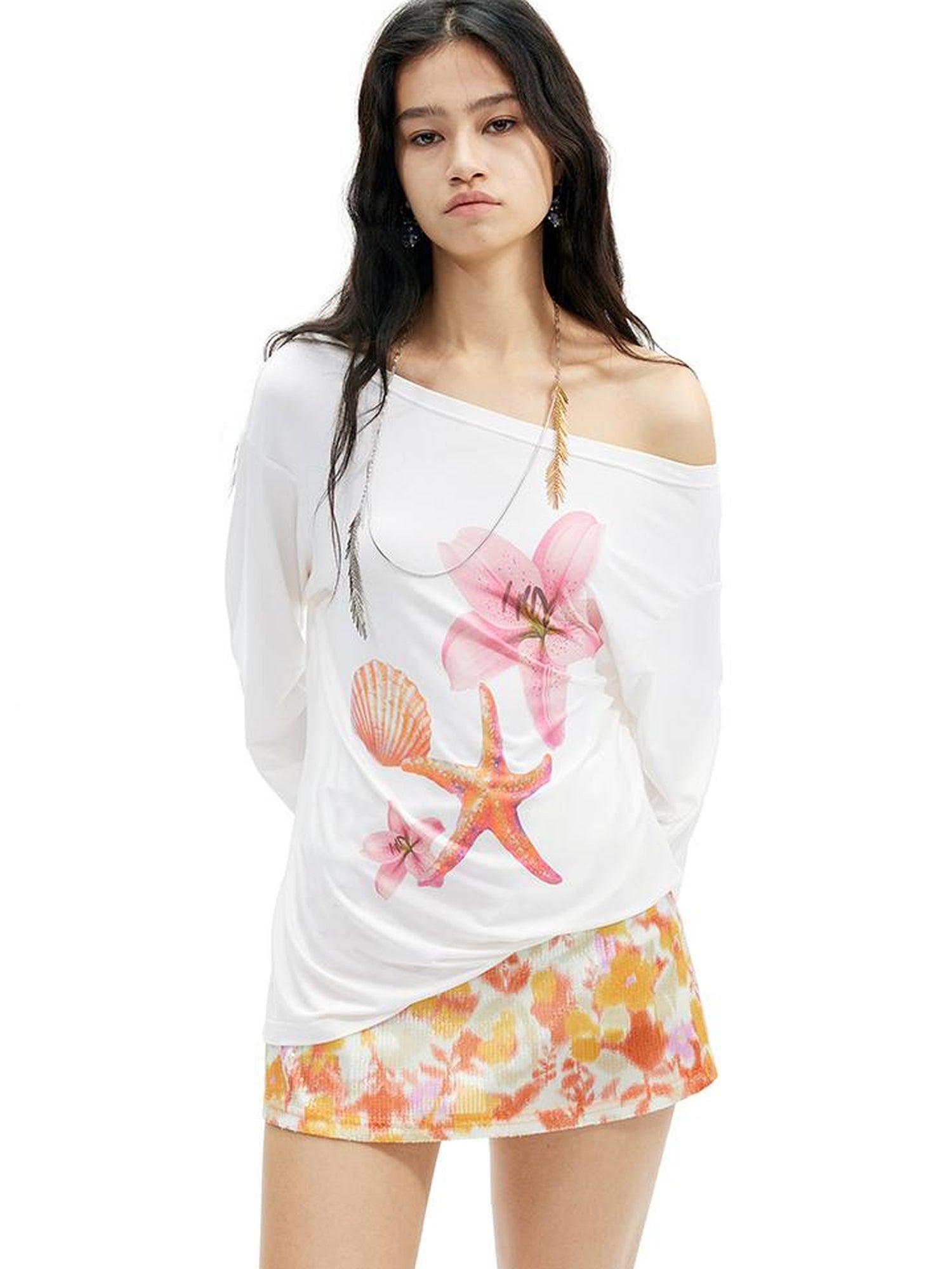 AFTADAWN Floral Print Lenzing Modal Multi Way Off Shoulder Loose Blouse