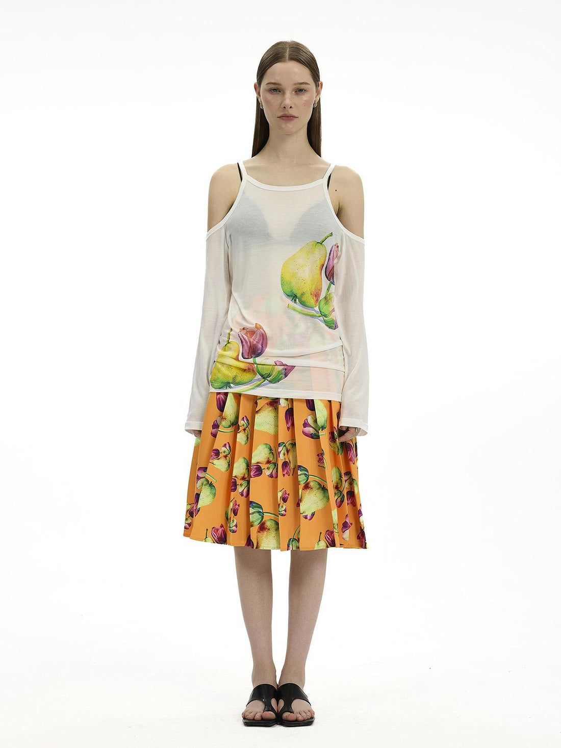 AFTADAWN Floral Print Linen Blend Shoulder Cut Top Pleated Skirt Set