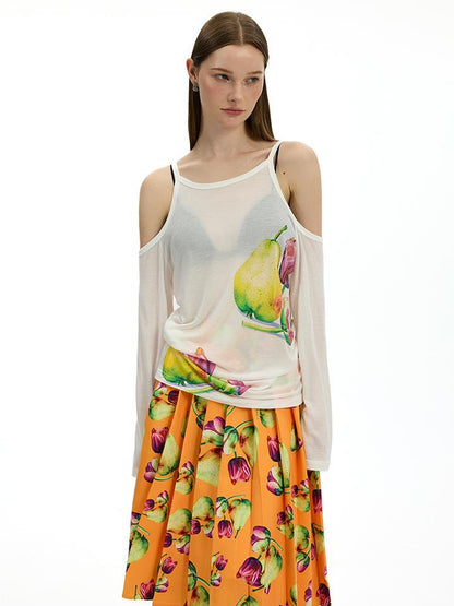 AFTADAWN Floral Print Linen Blend Shoulder Cut Top Pleated Skirt Set