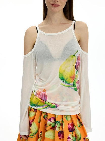 AFTADAWN Floral Print Linen Blend Shoulder Cut Top Pleated Skirt Set