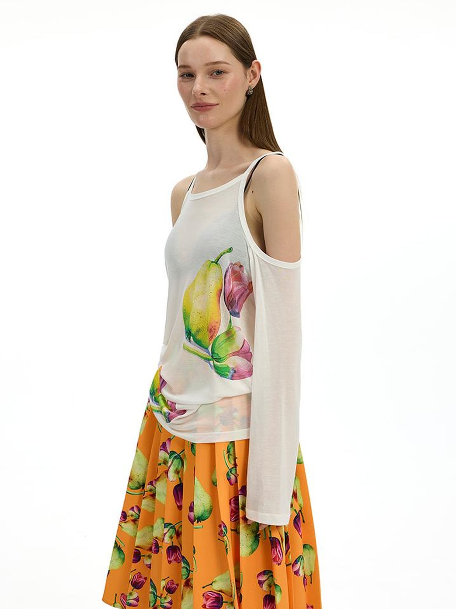 AFTADAWN Floral Print Linen Blend Shoulder Cut Top Pleated Skirt Set