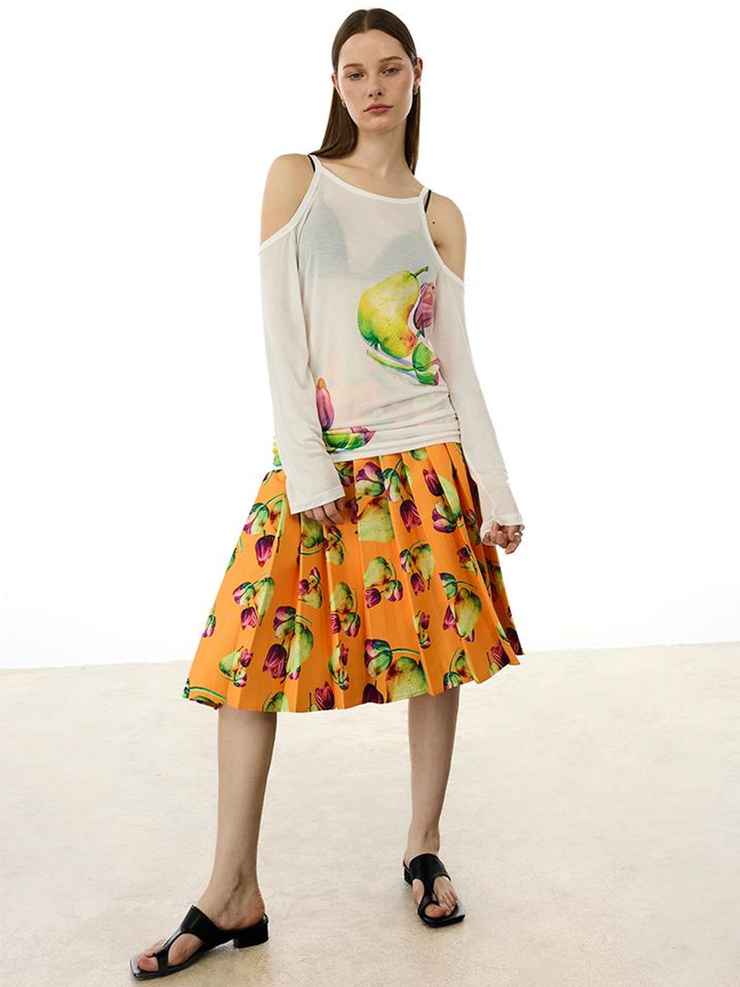 AFTADAWN Floral Print Linen Blend Shoulder Cut Top Pleated Skirt Set